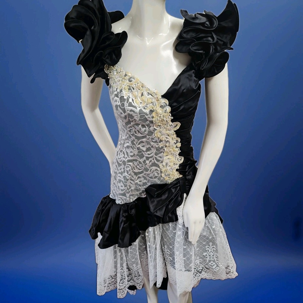 Flirtations Vintage 80s Blk/white Sequin Lace Taffeta Party Prom Dress sz 7/8 - Picture 2 of 9
